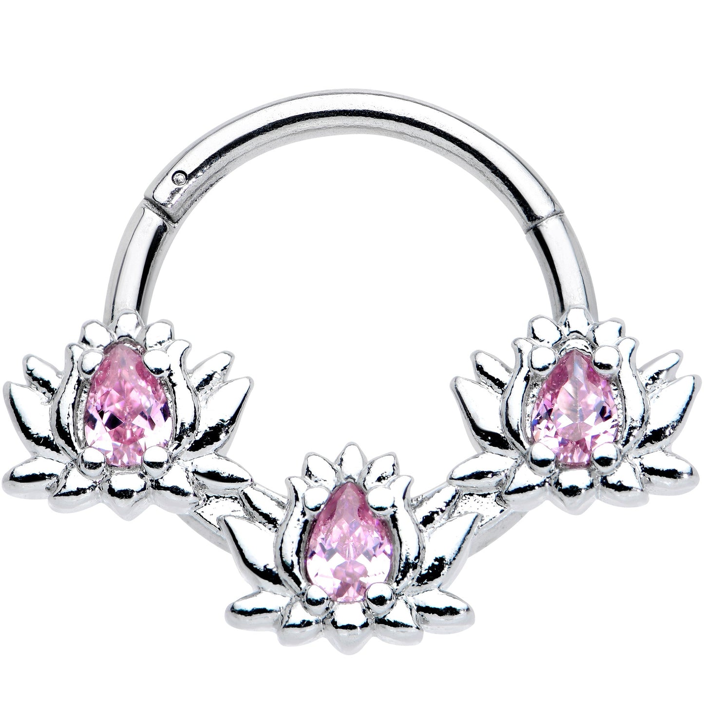 16G 3/8 Pink CZ Gem Triple Lotus Hinged Segment Ring