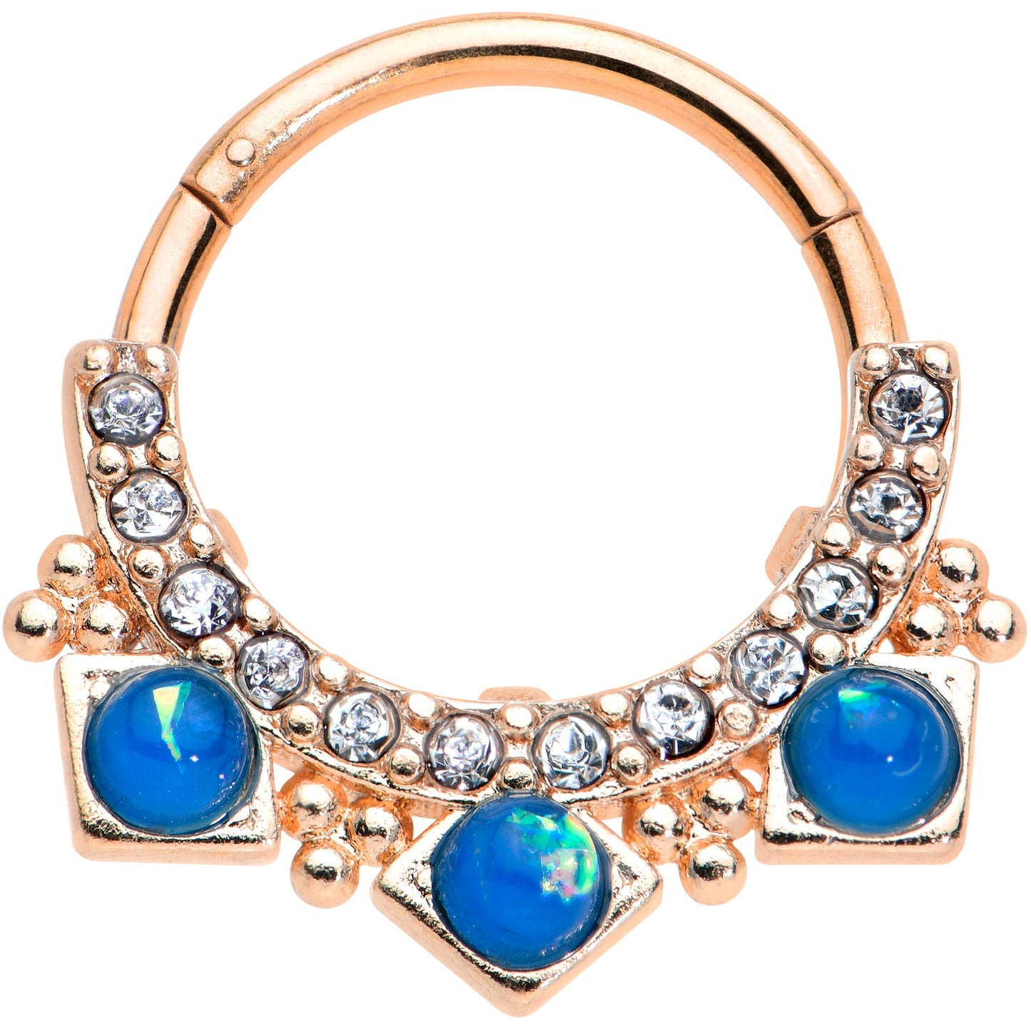 16G 3/8 Blue Faux Opal Rose Gold Tone Squares Hinged Segment Ring