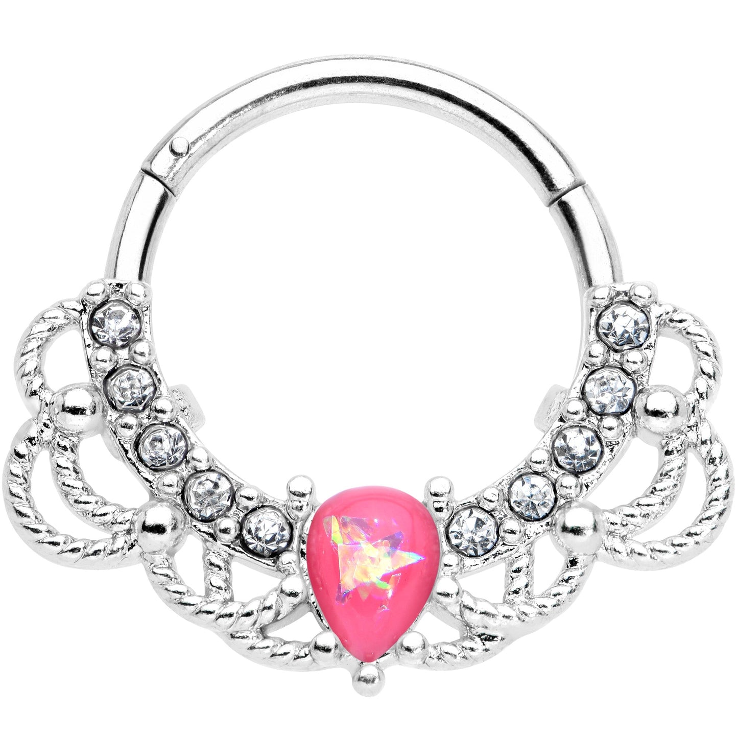 16G 3/8 Pink Faux Opal Lace Lover Hinged Segment Ring