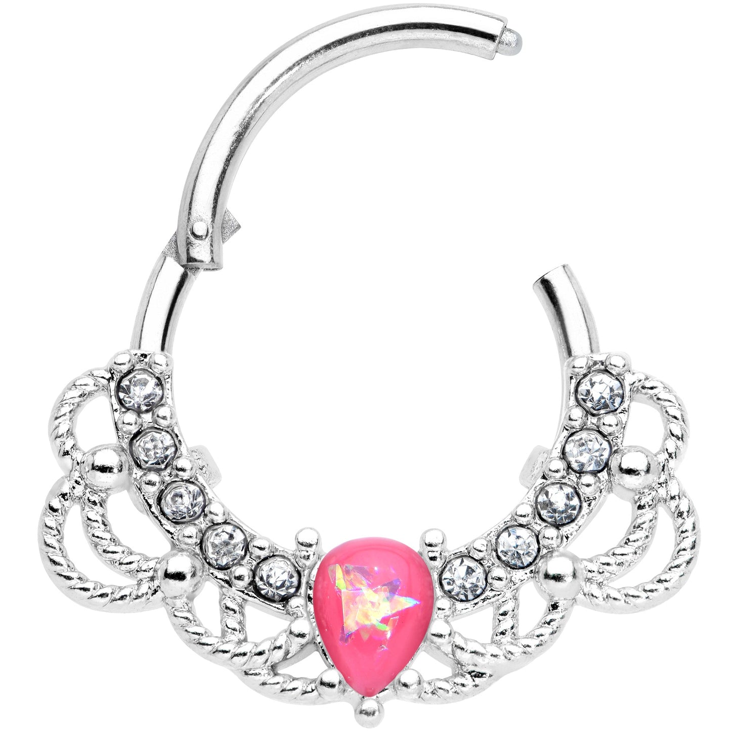16G 3/8 Pink Faux Opal Lace Lover Hinged Segment Ring