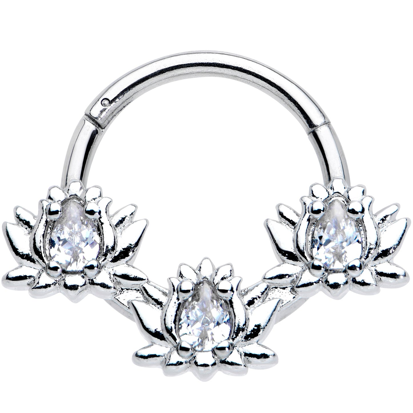 16G 3/8 Clear CZ Gem Triple Lotus Hinged Segment Ring