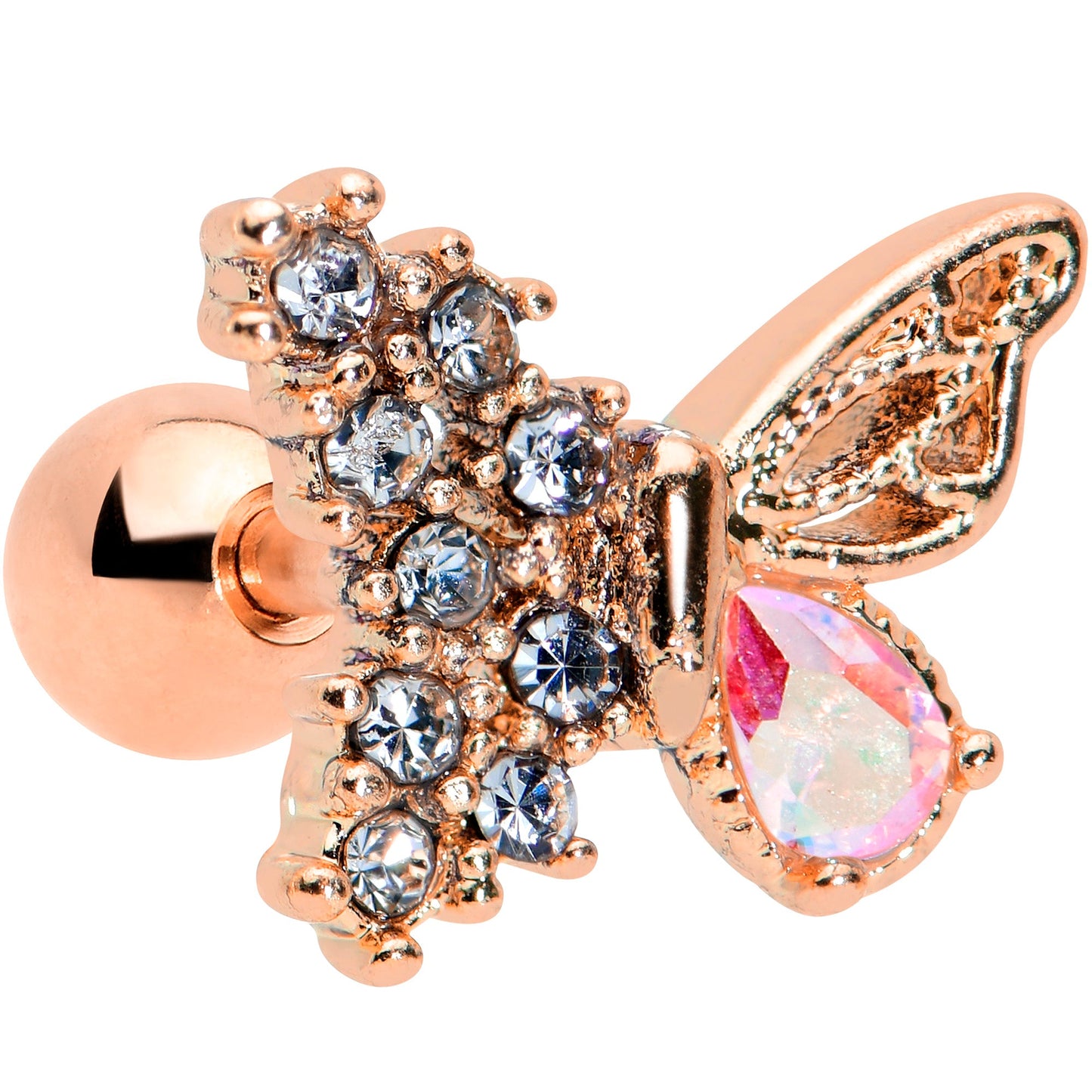 16G 1/4 Clear Gem Rose Gold Tone Glam Butterfly Cartilage Tragus