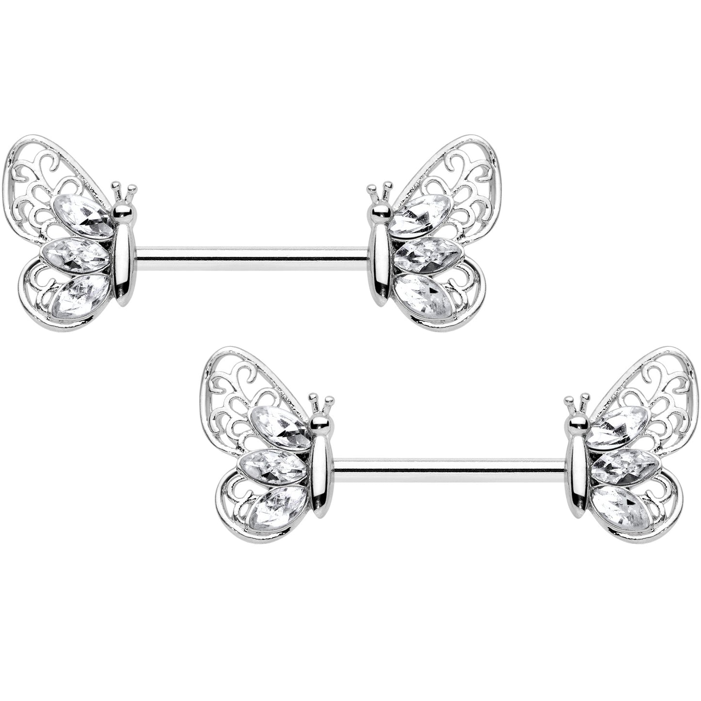 14G 9/16 Clear Gem Lacy Butterfly Barbell Nipple Ring Set