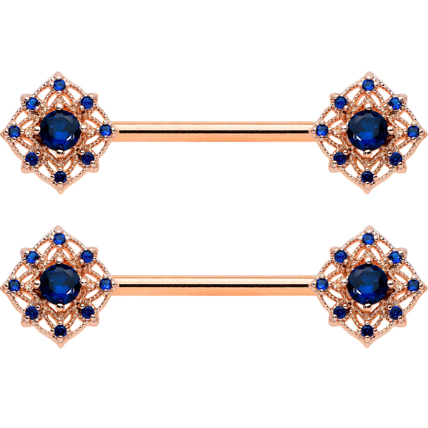 14G 9/16 Blue Gem Rose Gold Tone Wicked Web Nipple Ring Set