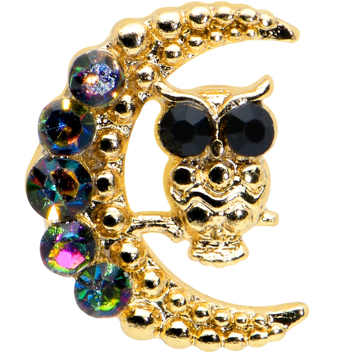 16G 1/4 Aurora Black Gem Gold Tone Owl Moon Labret Monroe Tragus