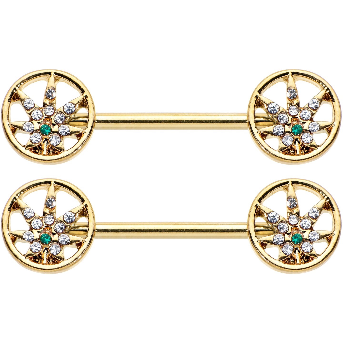 14G 9/16 Clear Green Gem Gold Hue Pot Leaf Circle Nipple Ring Set