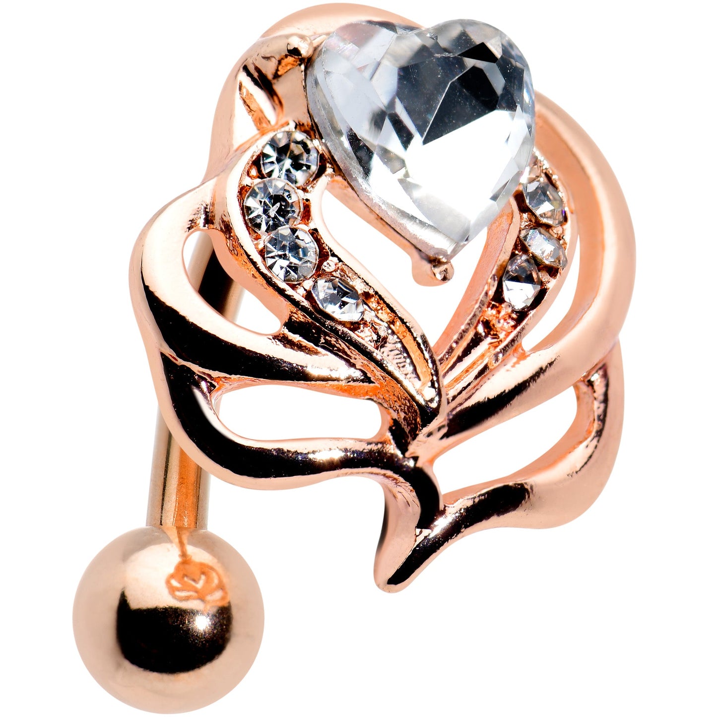 Clear Gem Rose Gold Tone Swirls Heart Top Mount Belly Ring