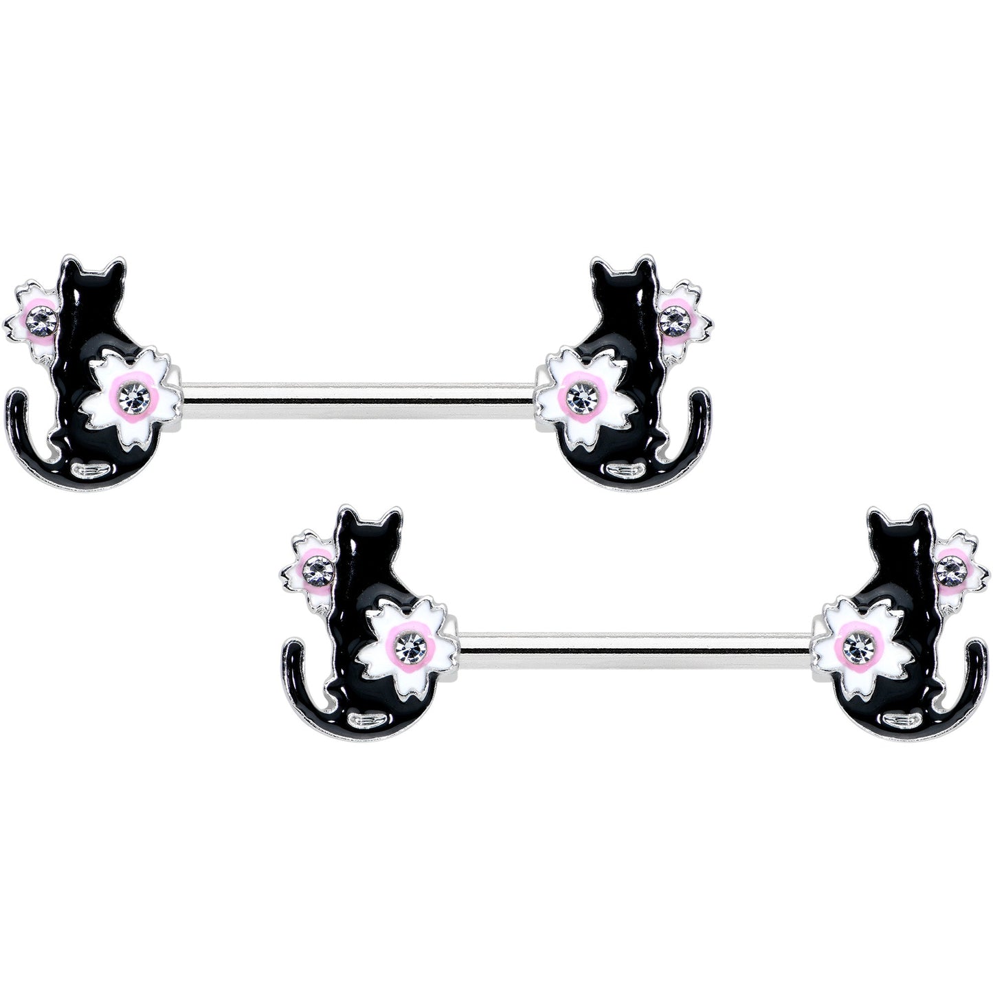 14G 9/16 Clear Gem Flowers Black Cat Barbell Nipple Ring Set