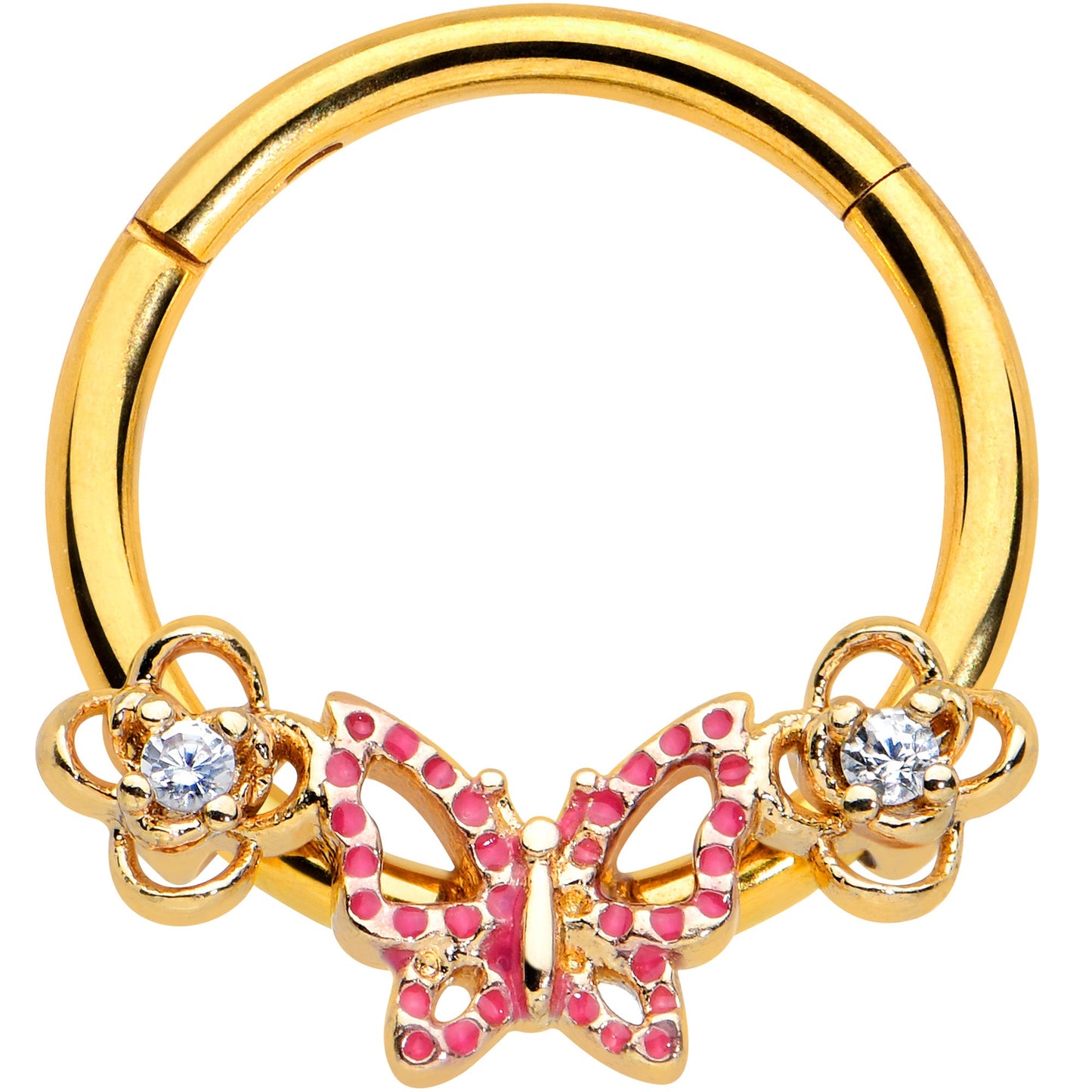 16G 3/8 Clear CZ Gem Gold Hue Sweet Butterfly Hinged Segment Ring