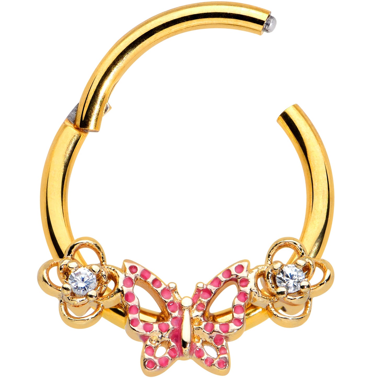 16G 3/8 Clear CZ Gem Gold Hue Sweet Butterfly Hinged Segment Ring