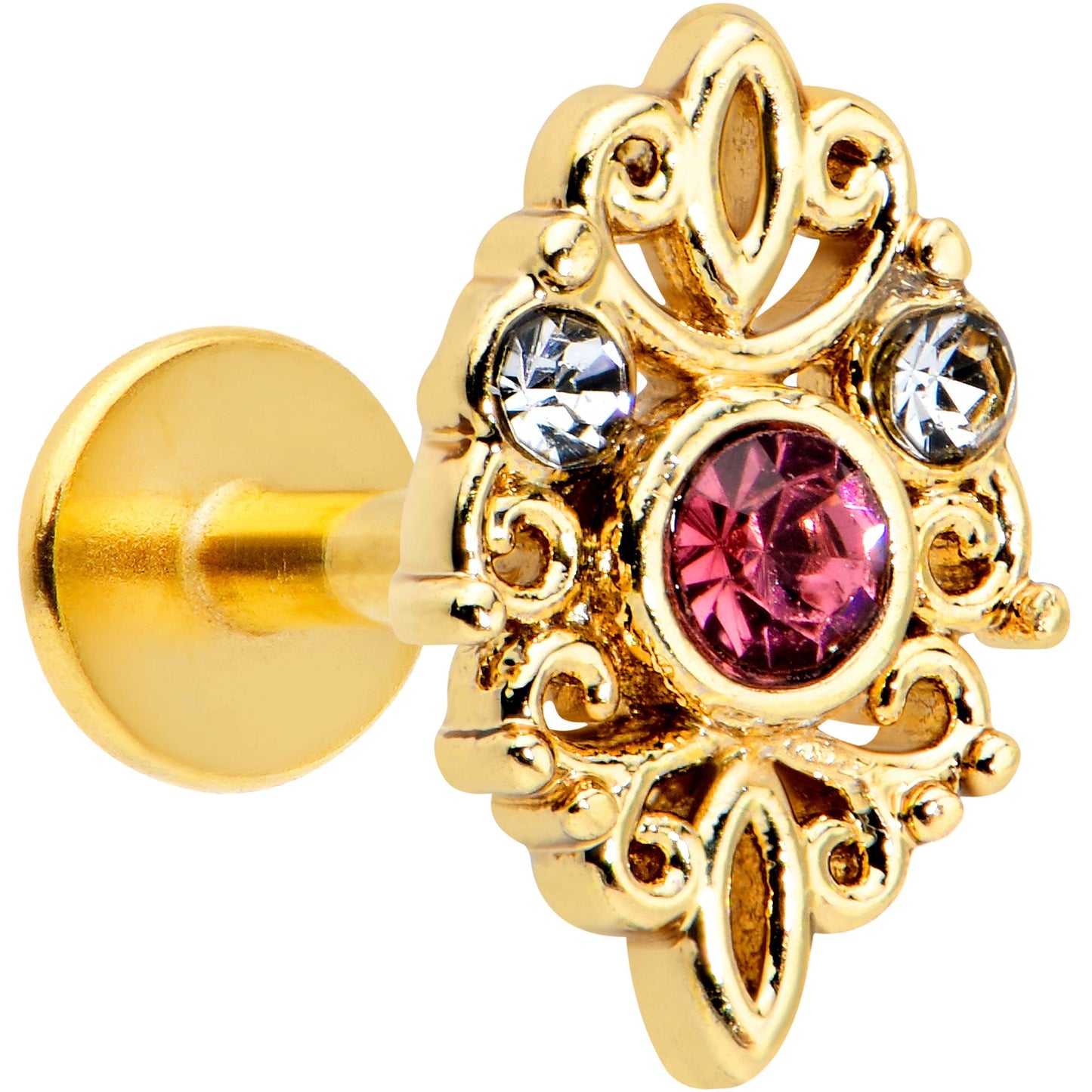 16G 1/4 Pink Clear Gem Gold Tone Lace Love Labret Monroe Tragus