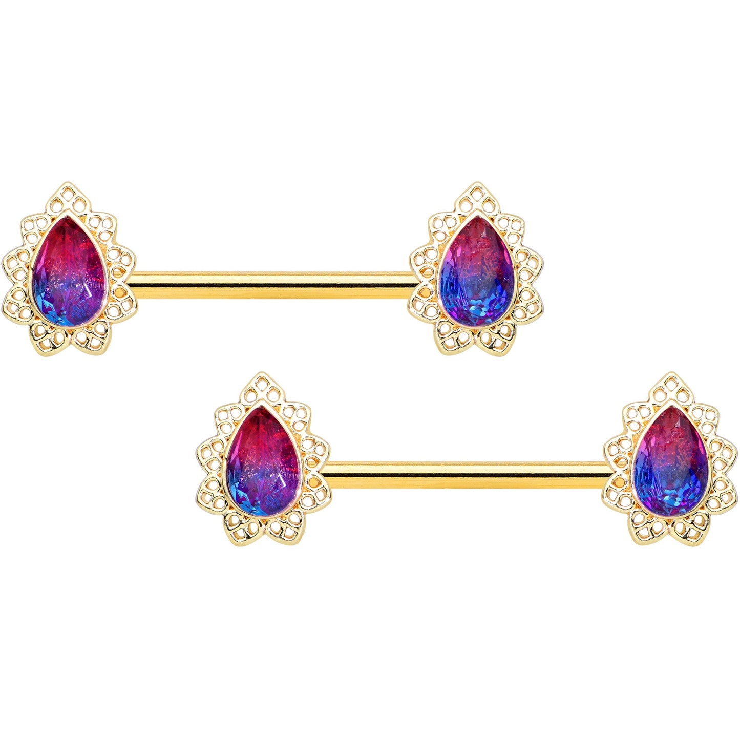 14G 9/16 Purple Tourmaline Gold Tone Drop Barbell Nipple Ring Set