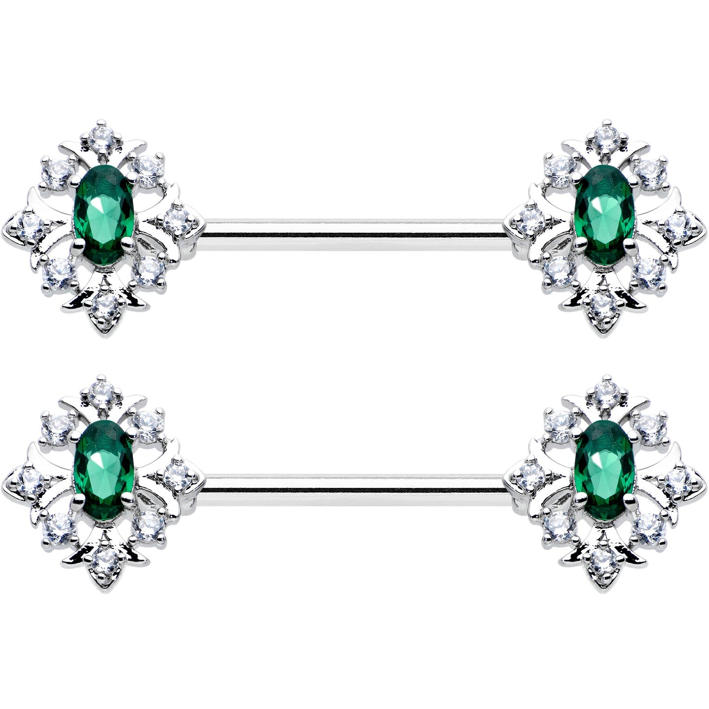 14G 9/16 Clear Green Gem Ornate Art Deco Barbell Nipple Ring Set