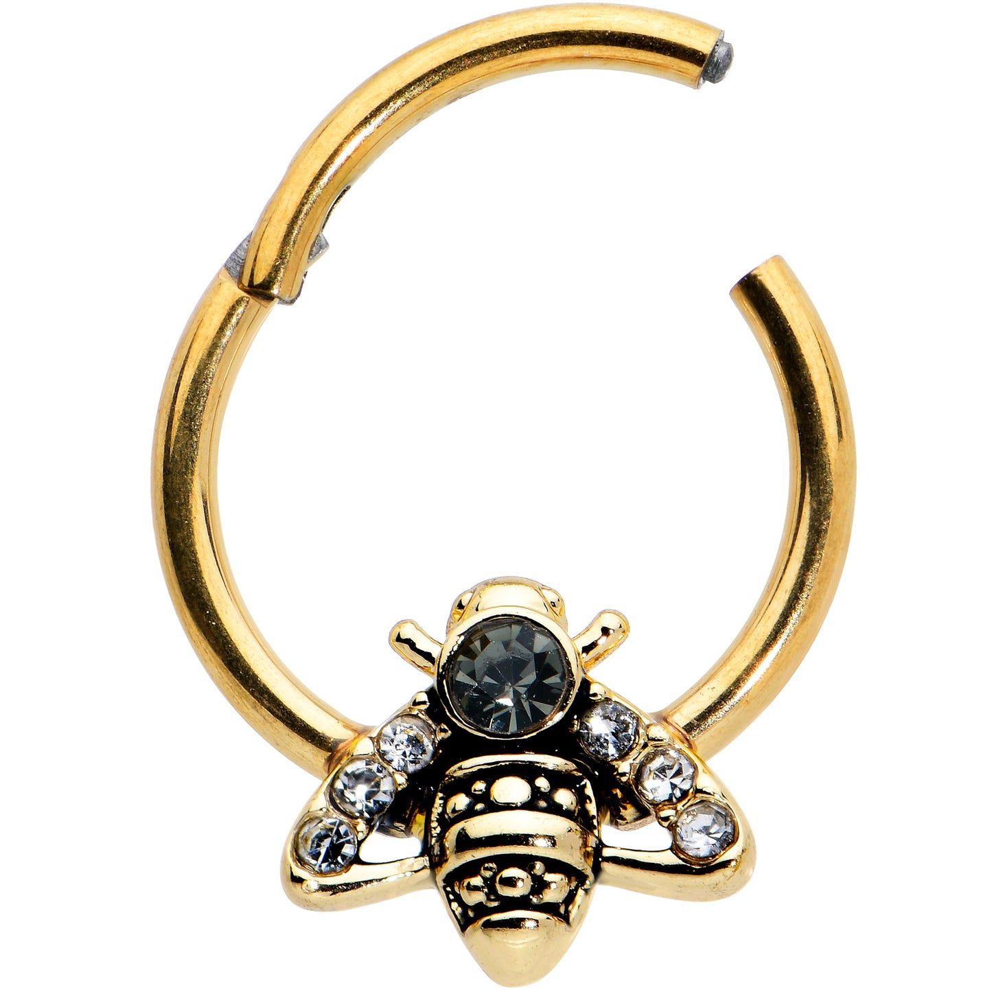16G 3/8 Black Gem Gold Tone Angular Bee Hinged Segment Ring