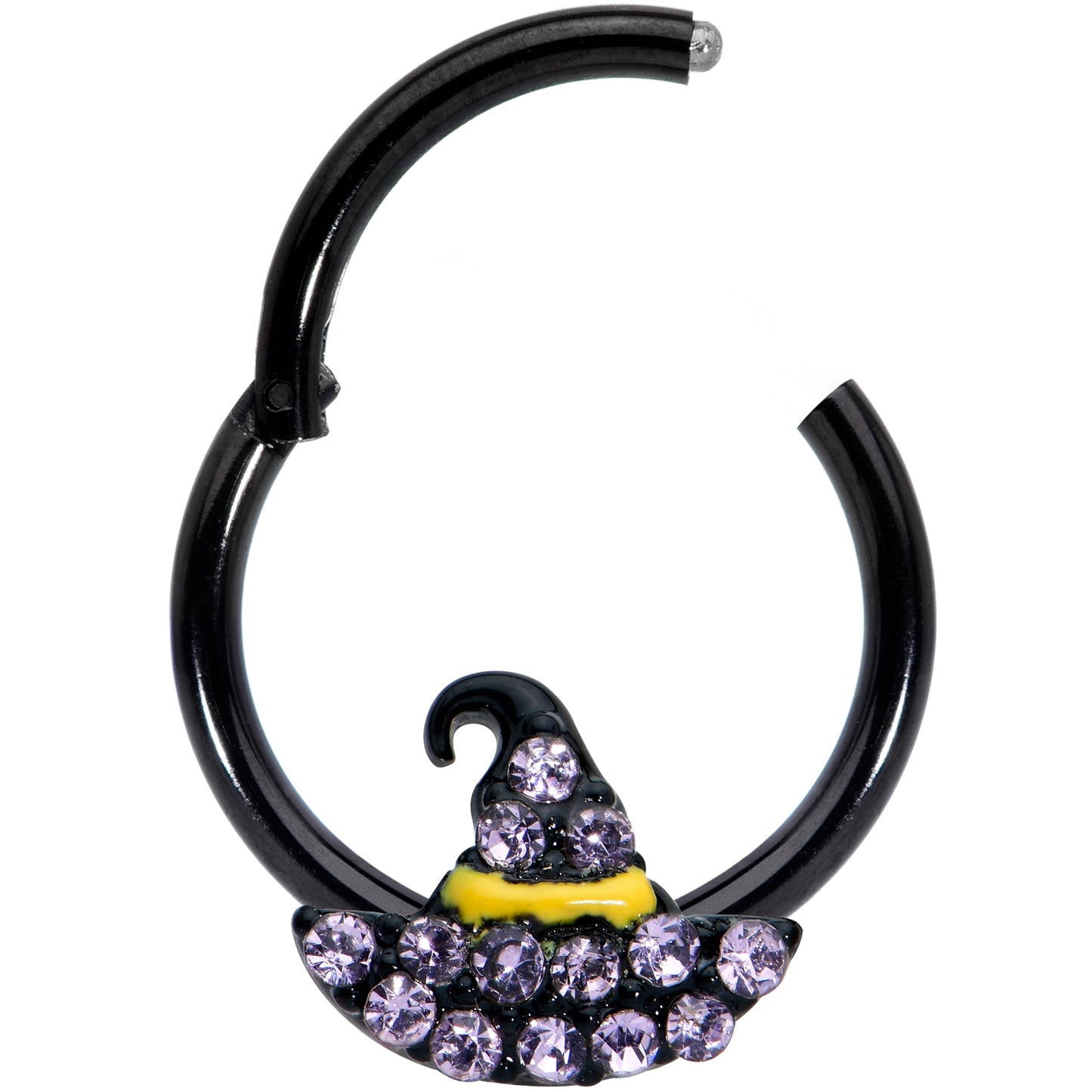 16G 3/8 Clear Gem Black Witch Hat Halloween Hinged Segment Ring