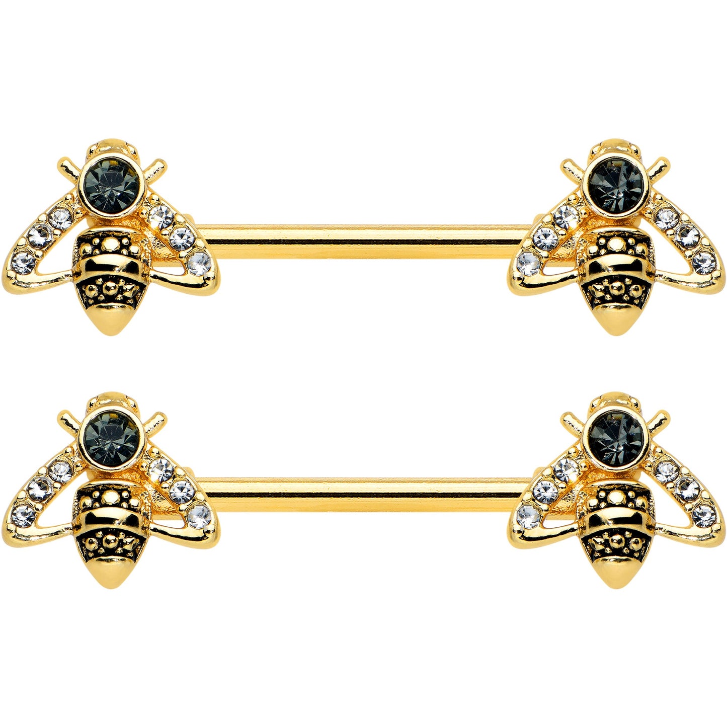 14G 9/16 Clear Black Gem Gold Tone Angular Bee Nipple Ring Set