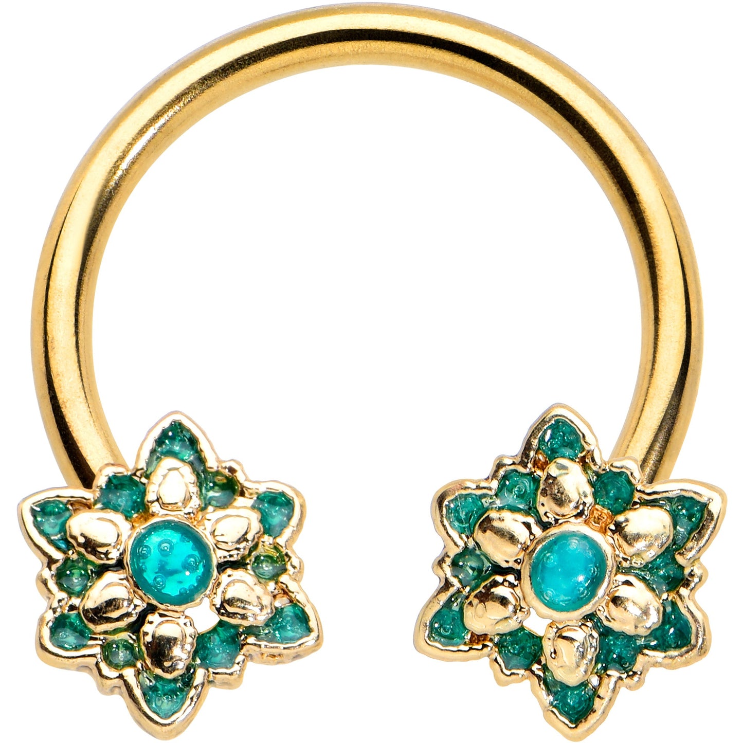 16G 3/8 Gold Tone Blue Orb Snowflake End Horseshoe Curved Barbell