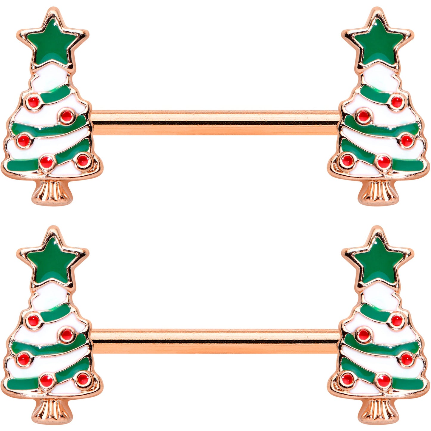 14G 9/16 Red Gem Rose Gold Tone Christmas Tree Nipple Ring Set