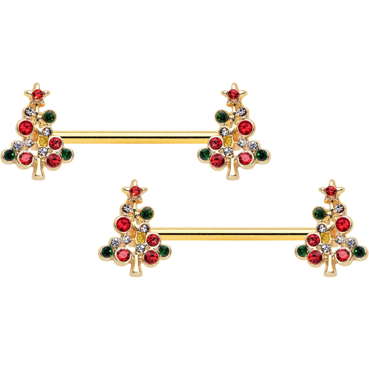 14G 9/16 Red Gem Gold Tone Christmas Tree Nipple Ring Set