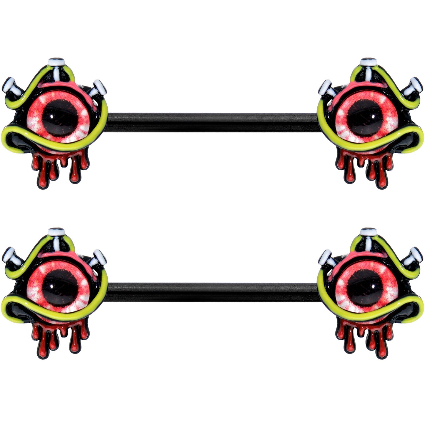 14G 9/16 Black Spiky Eyeball Halloween Barbell Nipple Ring Set