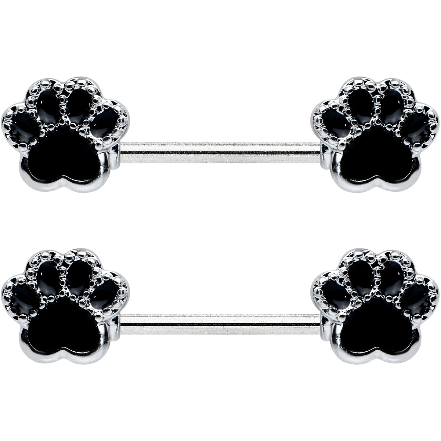 14G 9/16 Textured Black Paw Print Barbell Nipple Ring Set