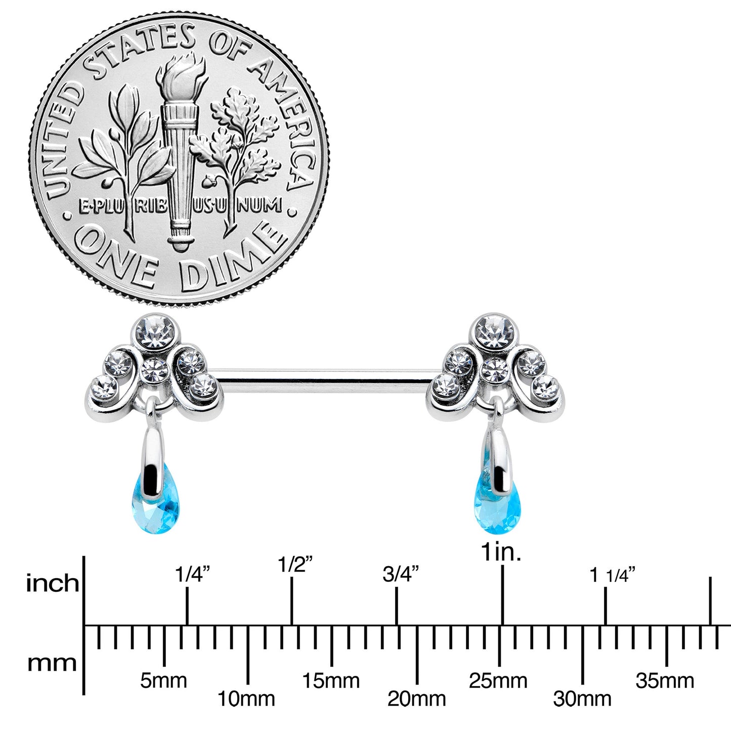 14G 9/16 Blue Gem Scrolling Elegance Dangle Nipple Ring Set