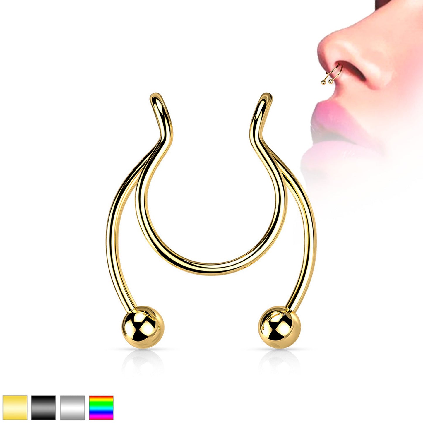 Gold Tone Horseshoe Ball Fake Septum Ring Nipple and Clip on Earring