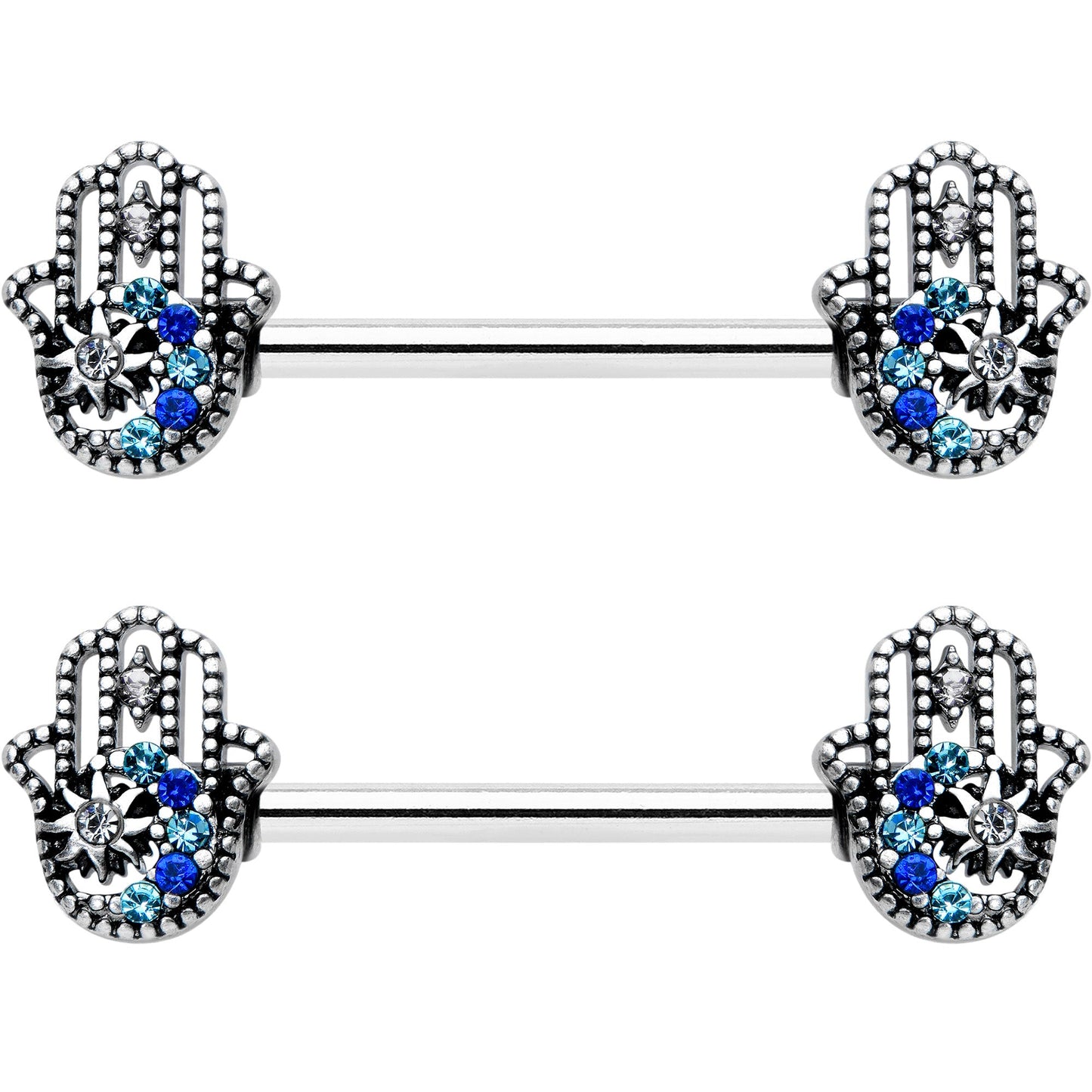 14G 9/16 Clear Blue Gem Textured Hamsa Hand Nipple Ring Set