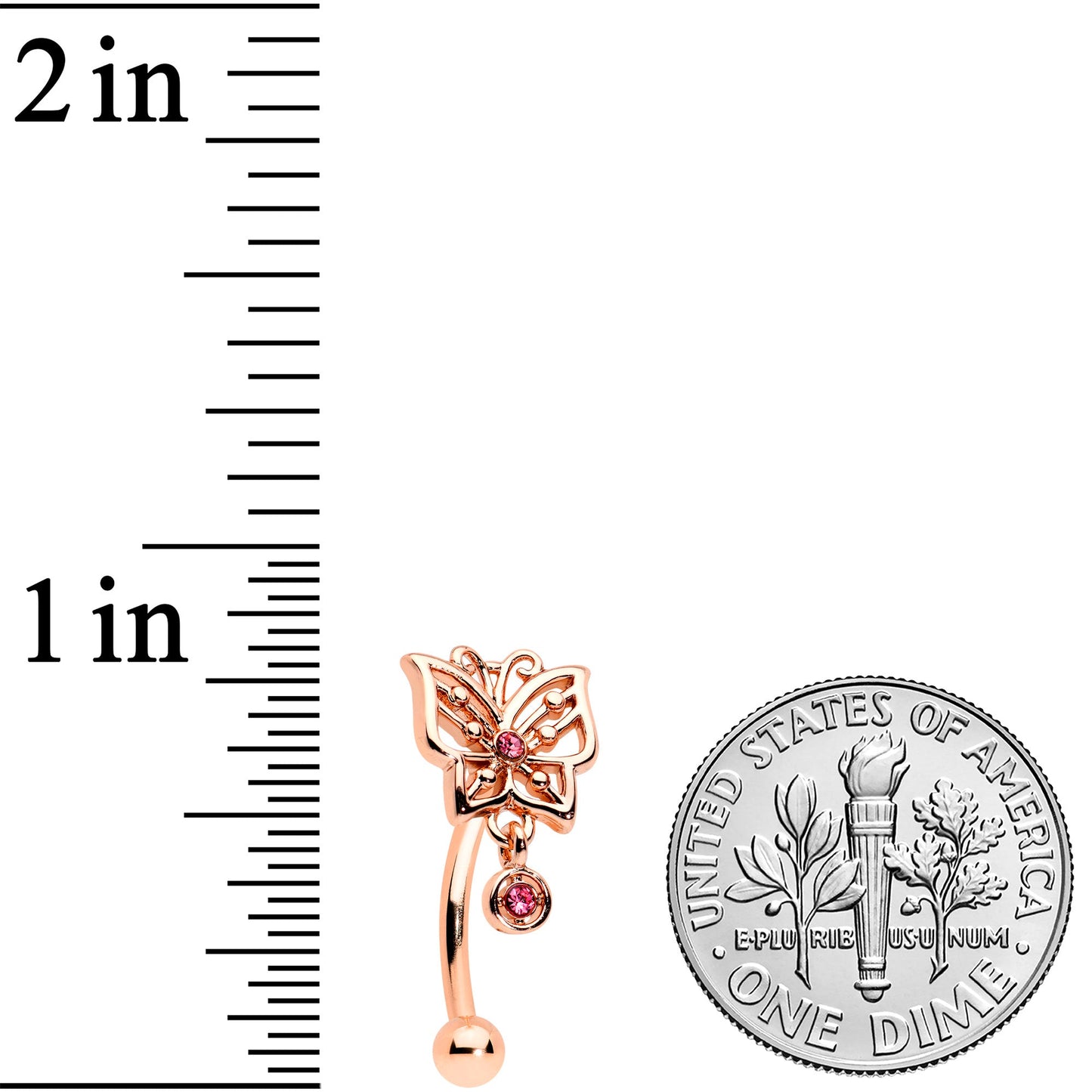 16G 5/16 Pink CZ Gem Rose Gold Tone Butterfly Curved Eyebrow Ring