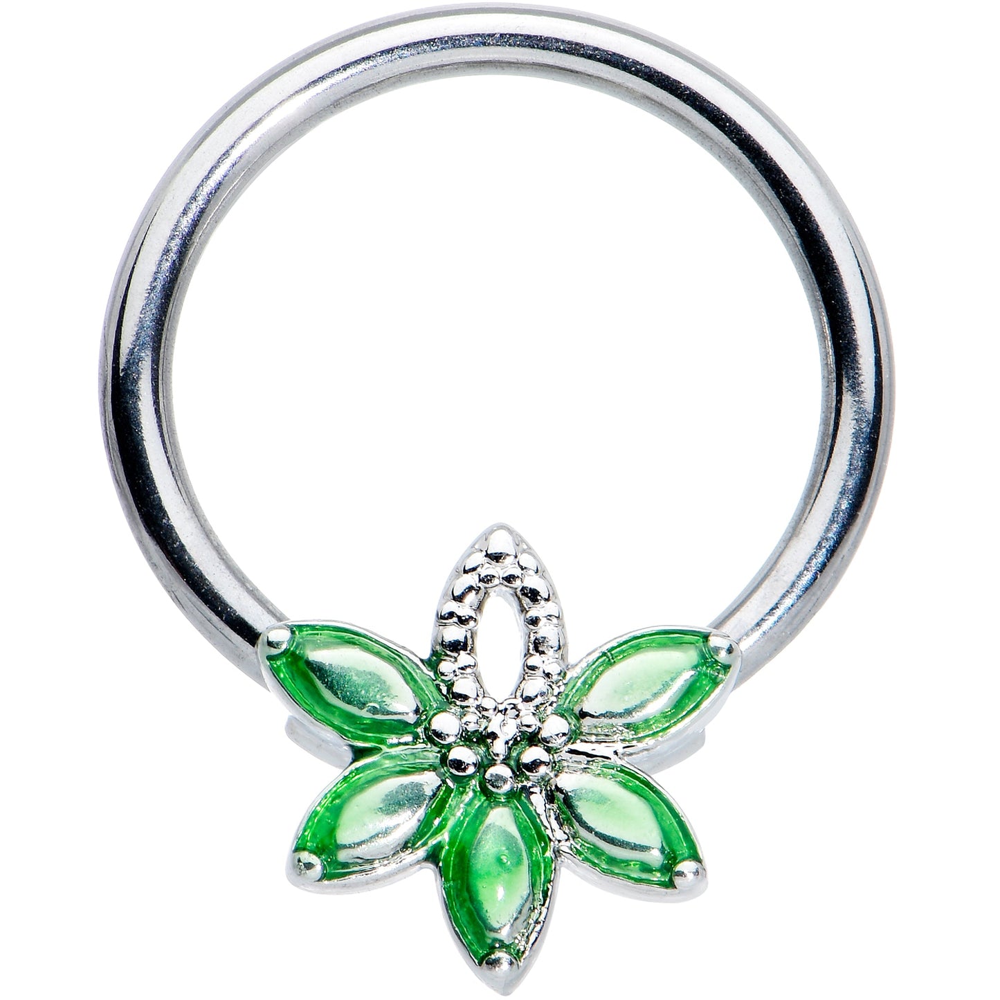 16G 3/8 Green Gem Texture Loopy Pot Leaf BCR Captive Ring