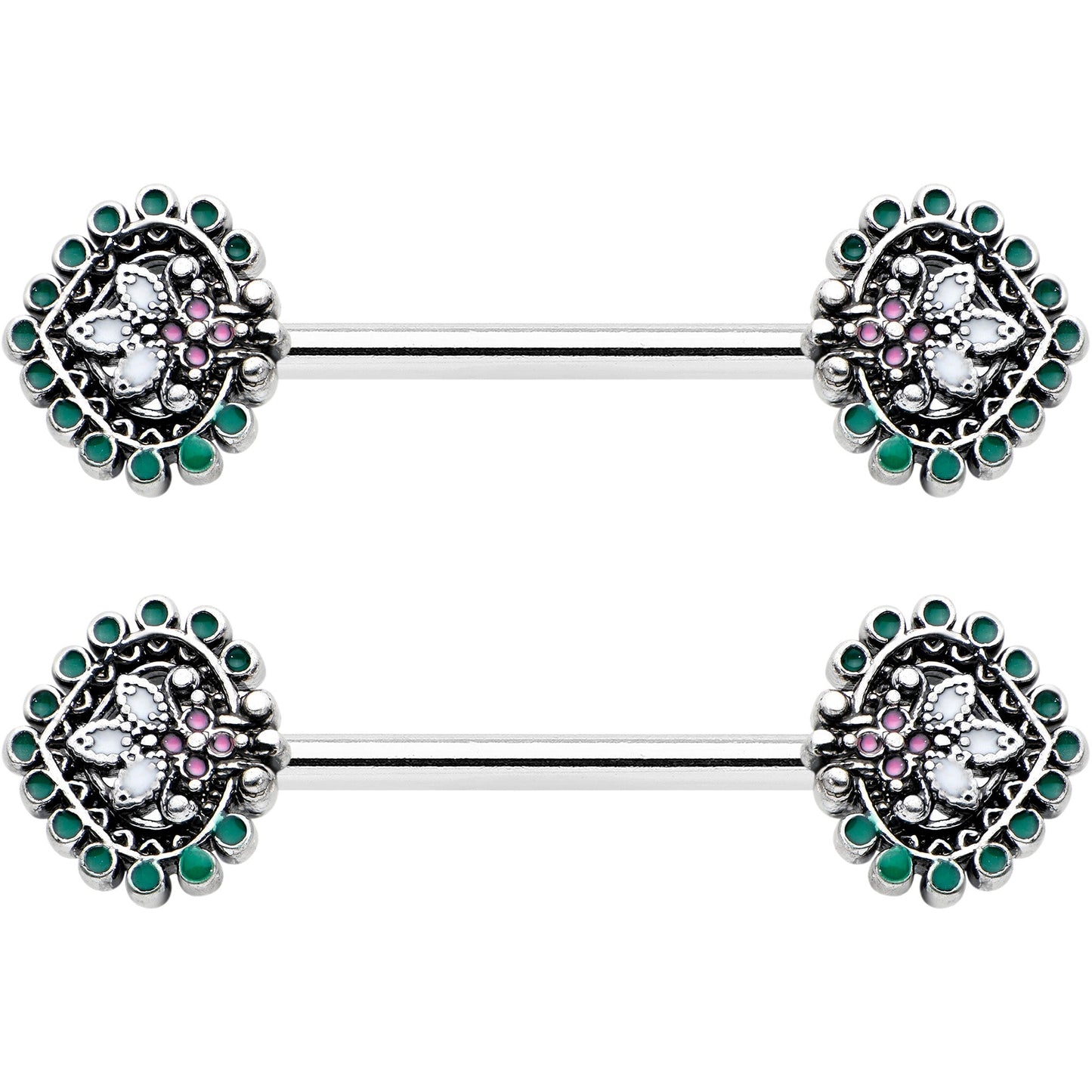 14G 9/16 Stylized Pink Green Leaf Barbell Nipple Ring Set
