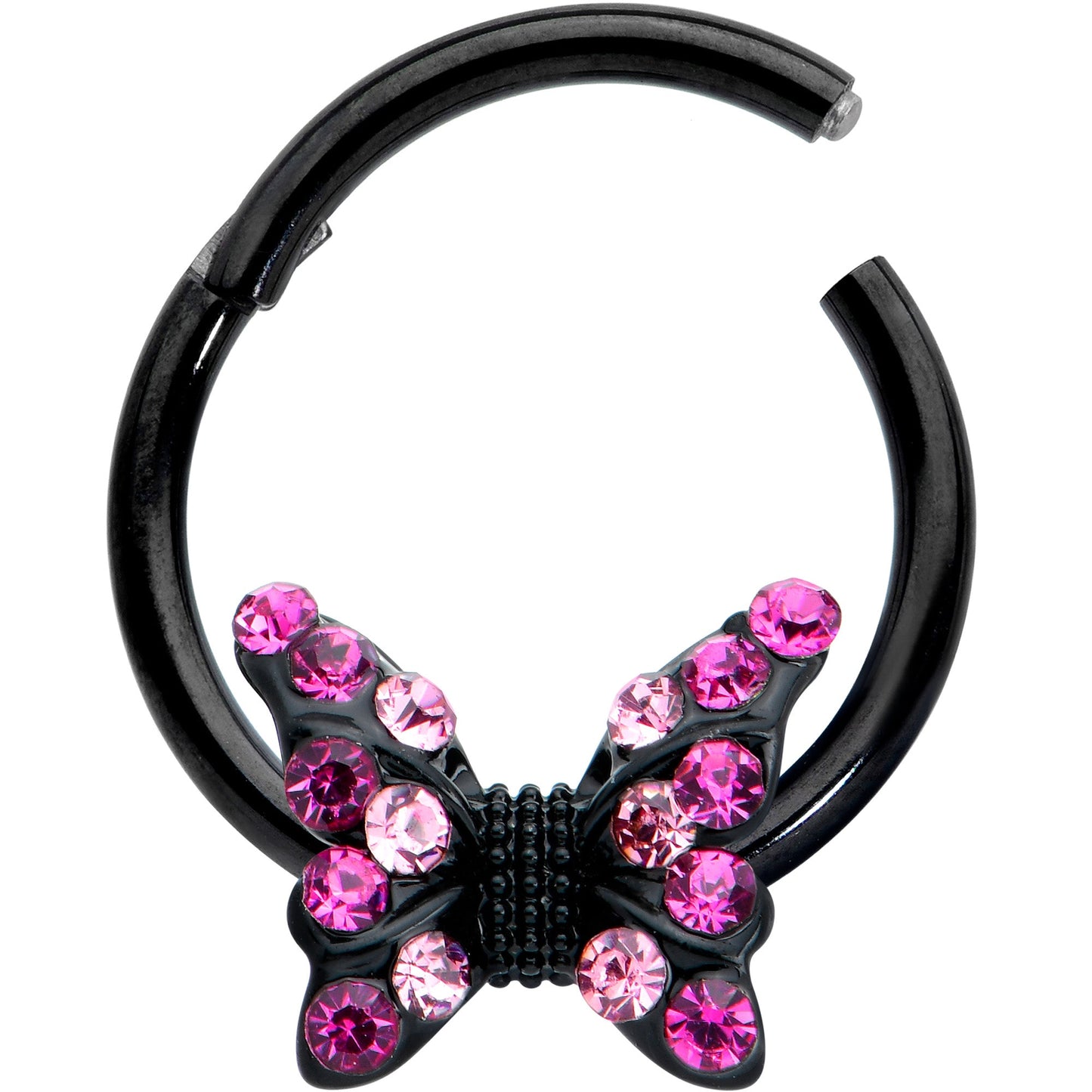 16G 3/8 Pink Gem Black Midnight Butterfly Hinged Segment Ring