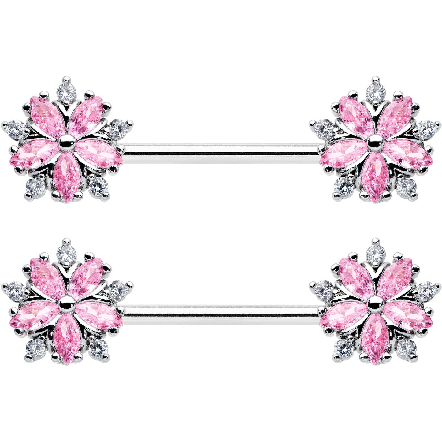 14G 9/16 Pink CZ Gem Floral Burst Barbell Nipple Ring Set