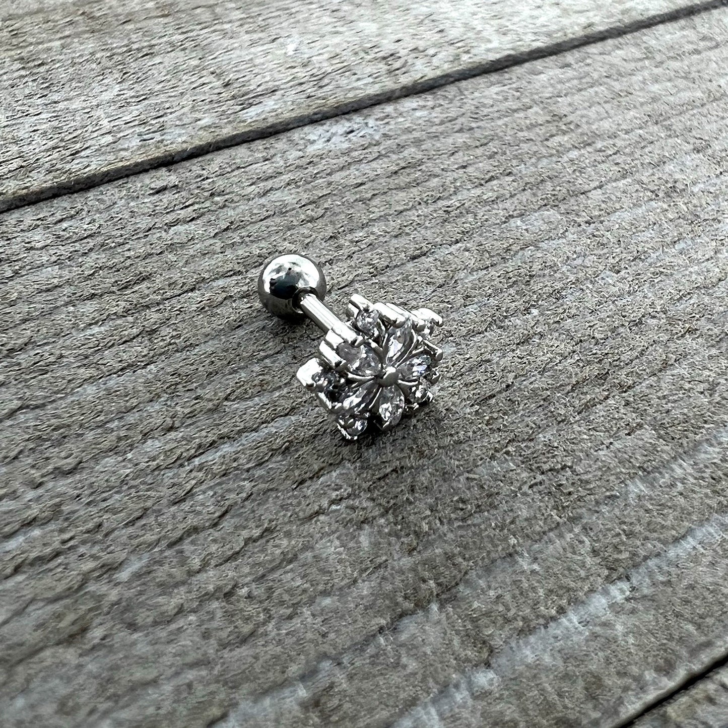 16G 1/4 Clear CZ Gem Floral Burst Cartilage Tragus Earring