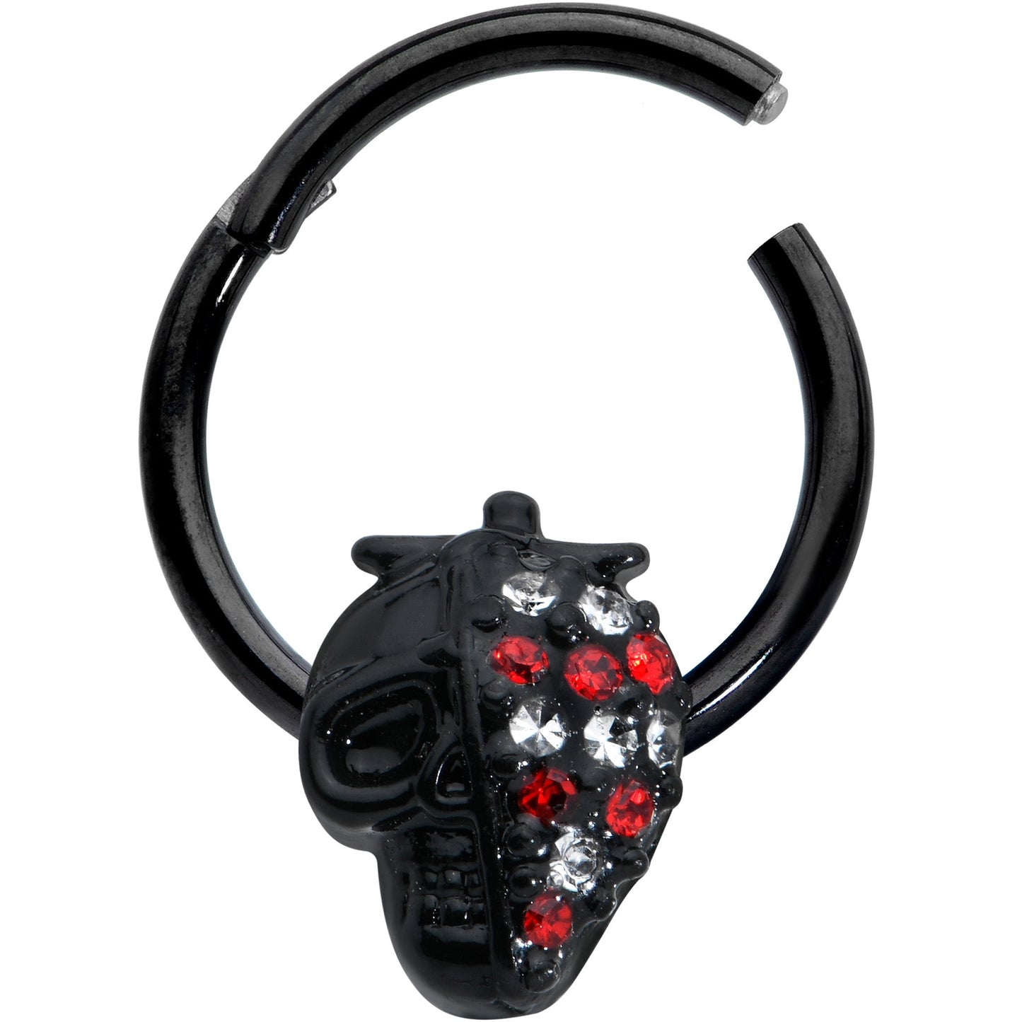 16G 3/8 Clear Red Gem Black Skull Halloween Hinged Segment Ring