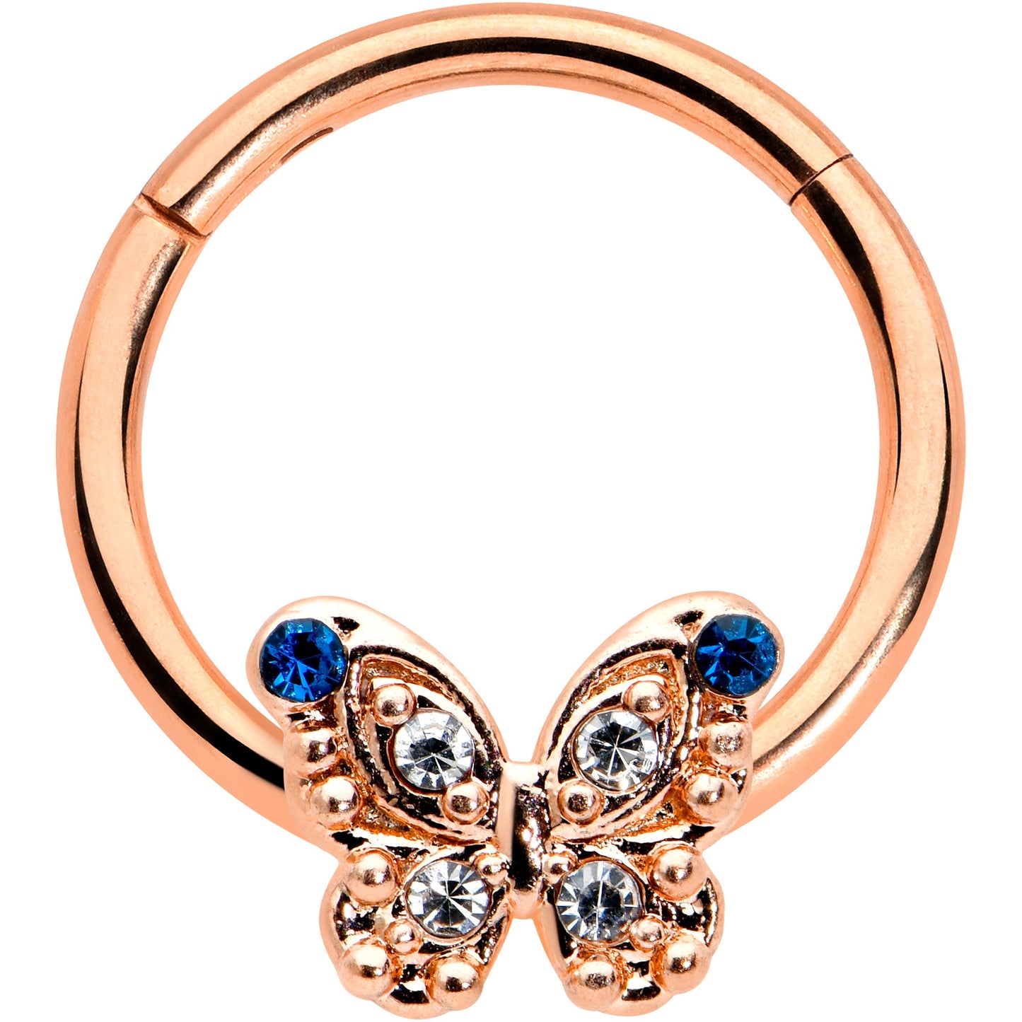 16G 3/8 Blue Gem Rose Gold Tone Butterfly Hinged Segment Ring