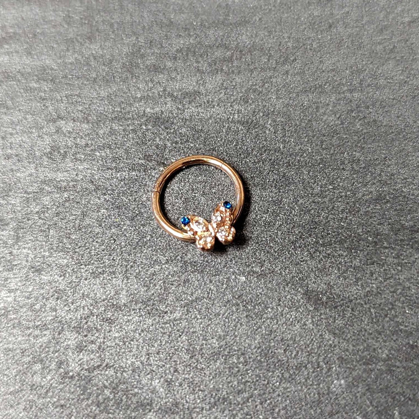 16G 3/8 Blue Gem Rose Gold Tone Butterfly Hinged Segment Ring