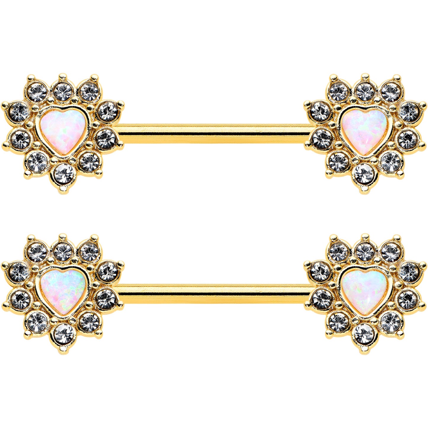 14G 9/16 White Synthetic Opal Gold Tone Sun Heart Nipple Ring Set