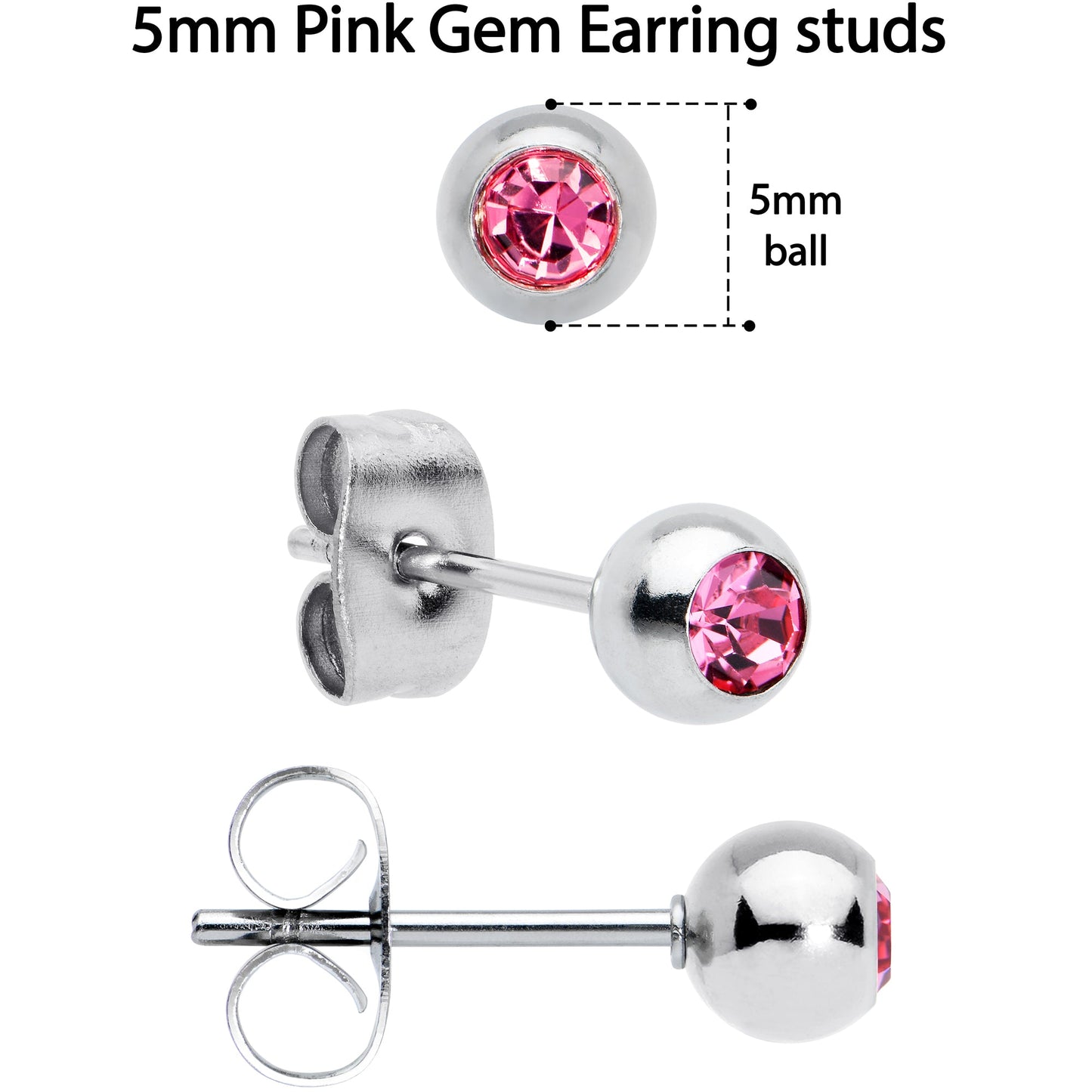 Pink Gem 3mm to 5mm Ball End Stud Earrings Set of 3