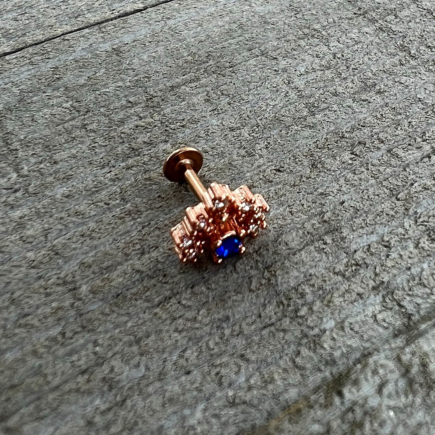 16G 1/4 Blue Clear Gem Rose Gold Tone Glamour Flare Labret
