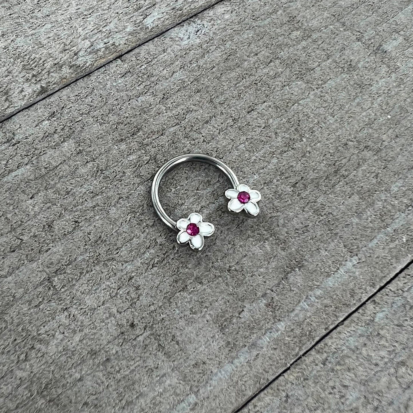 16G 3/8 Pink Gem Daisy Flowers Horseshoe Circular Barbell