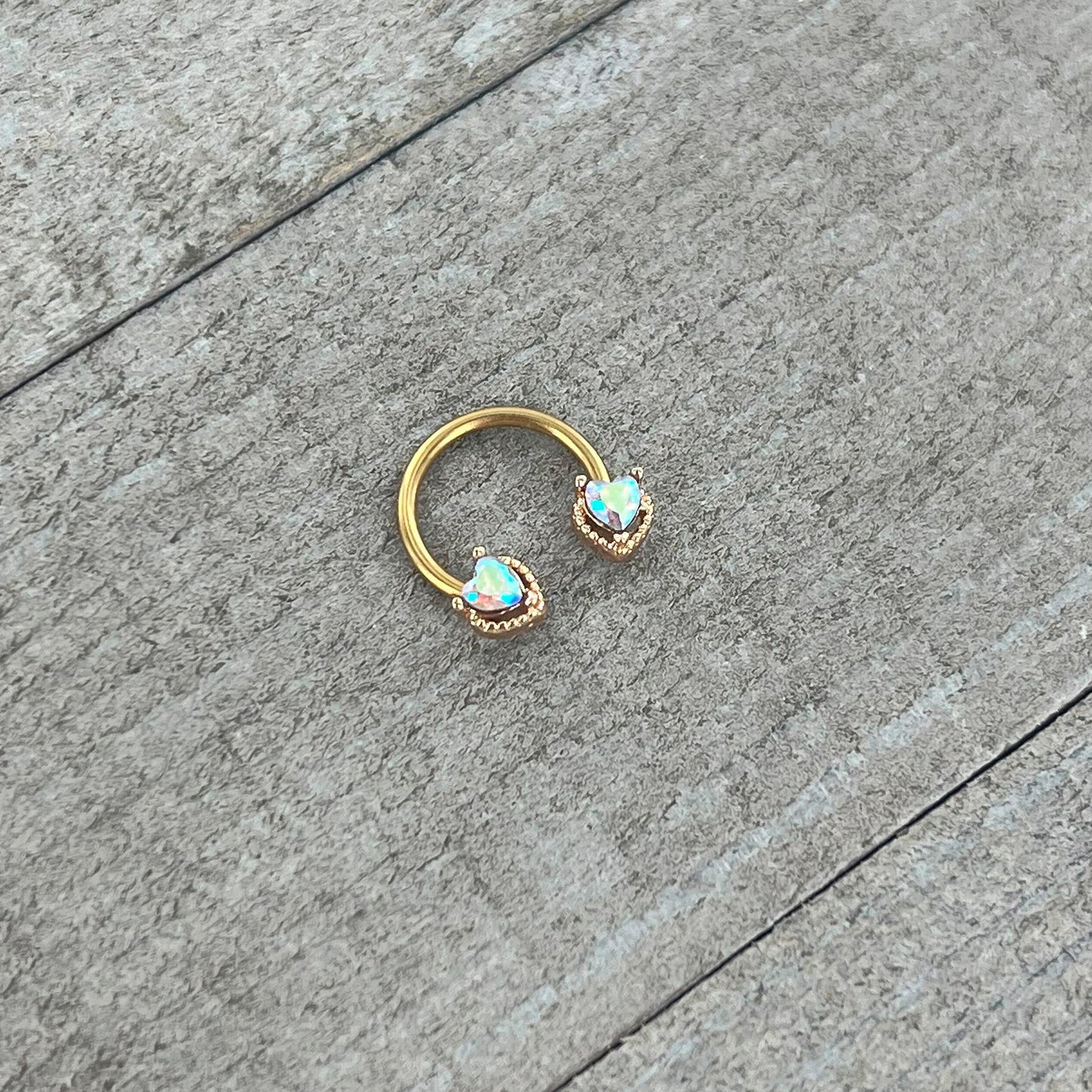 16G 3/8 Aurora Gem Gold Tone Duo Heart Horseshoe Circular Barbell