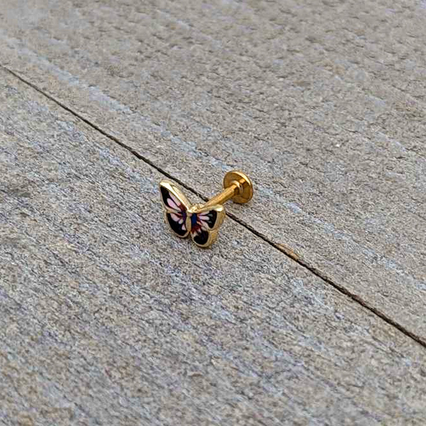 16G 1/4 Gold Tone Red Pink Blue Butterfly Labret Monroe Tragus