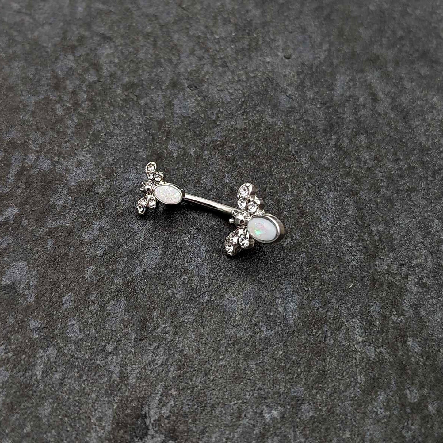 White Faux Opal Clear Gem Double Butterfly Double Mount Belly Ring