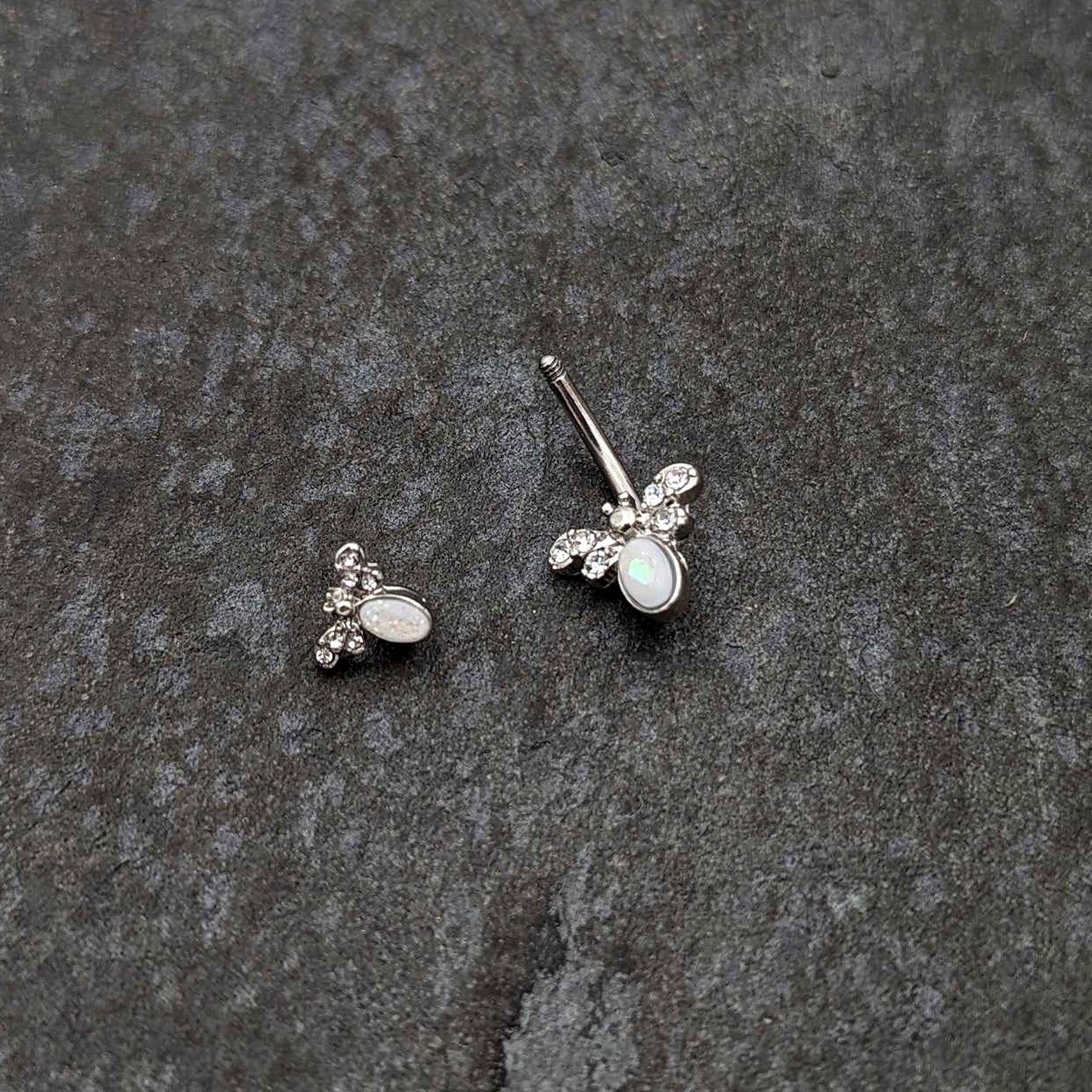 White Faux Opal Clear Gem Double Butterfly Double Mount Belly Ring