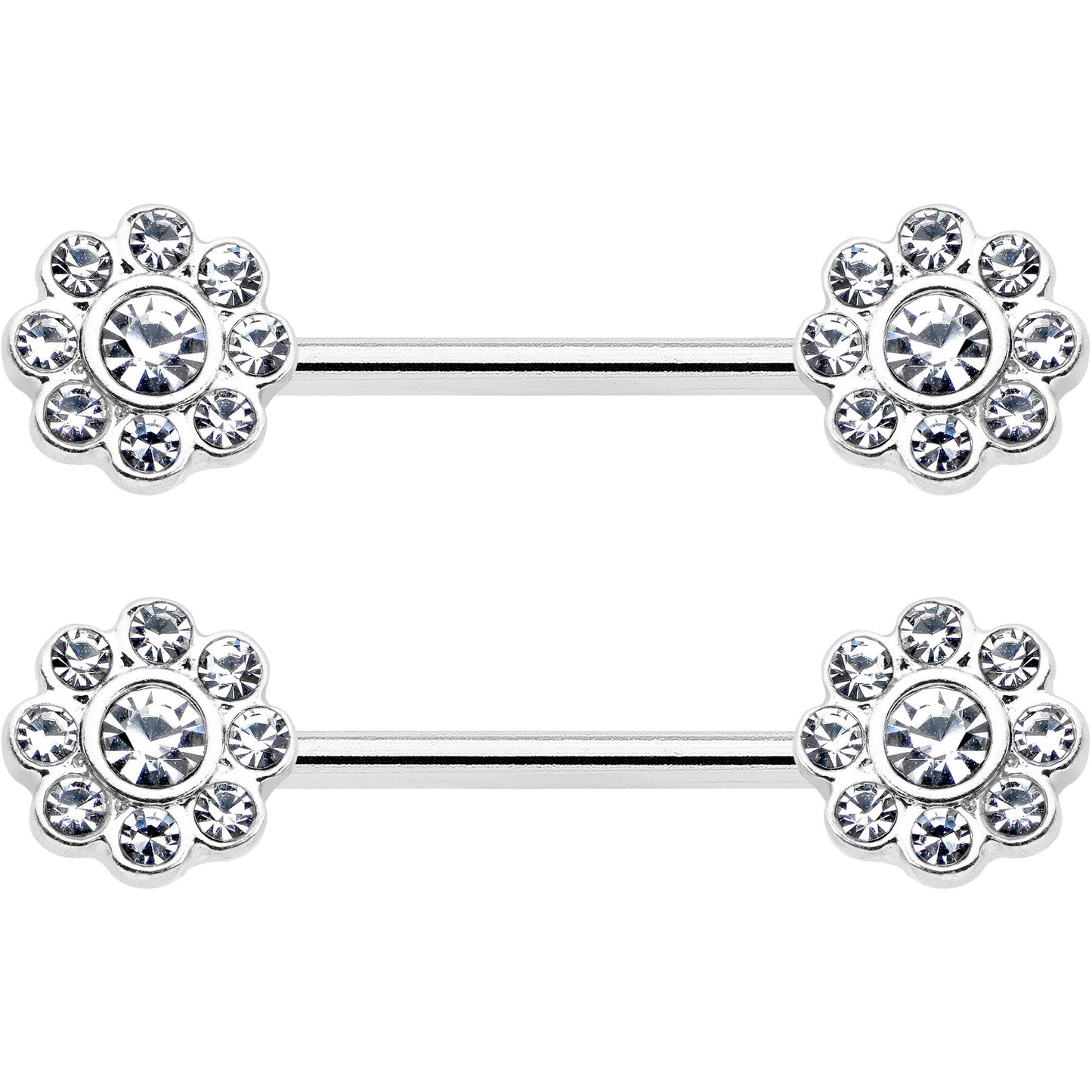 14G 9/16 Clear Gem Whimsy Flower Barbell Nipple Ring Set