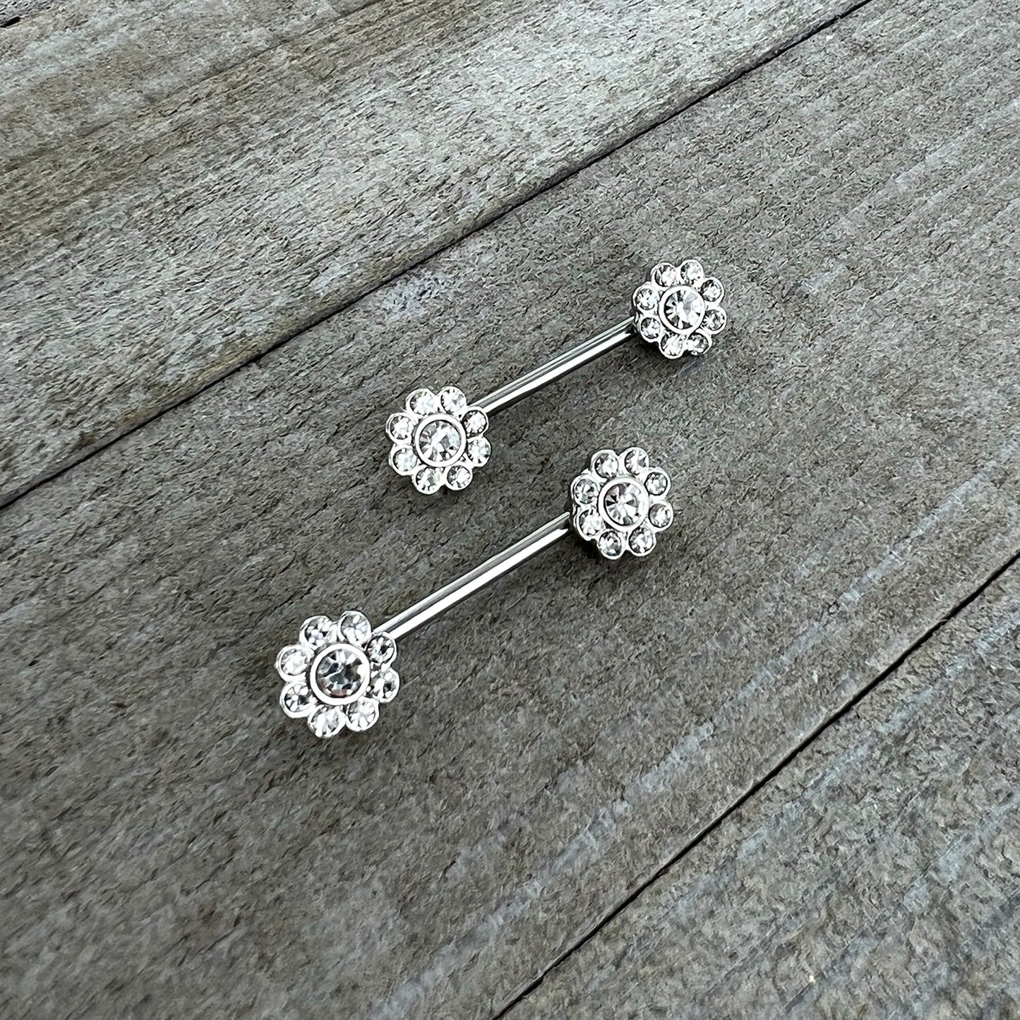 14G 9/16 Clear Gem Whimsy Flower Barbell Nipple Ring Set