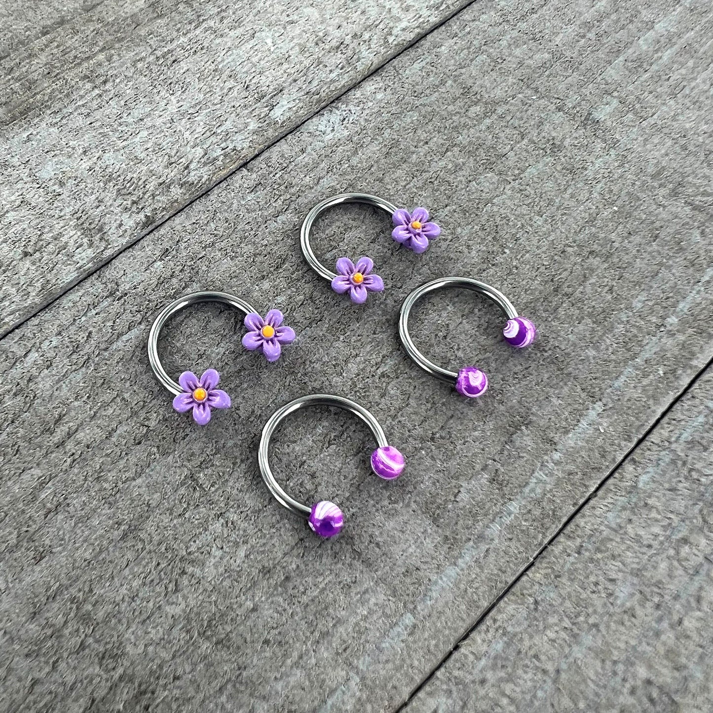 16G 3/8 Purple Ball Flowers Horseshoe Circular Barbell Set of 4