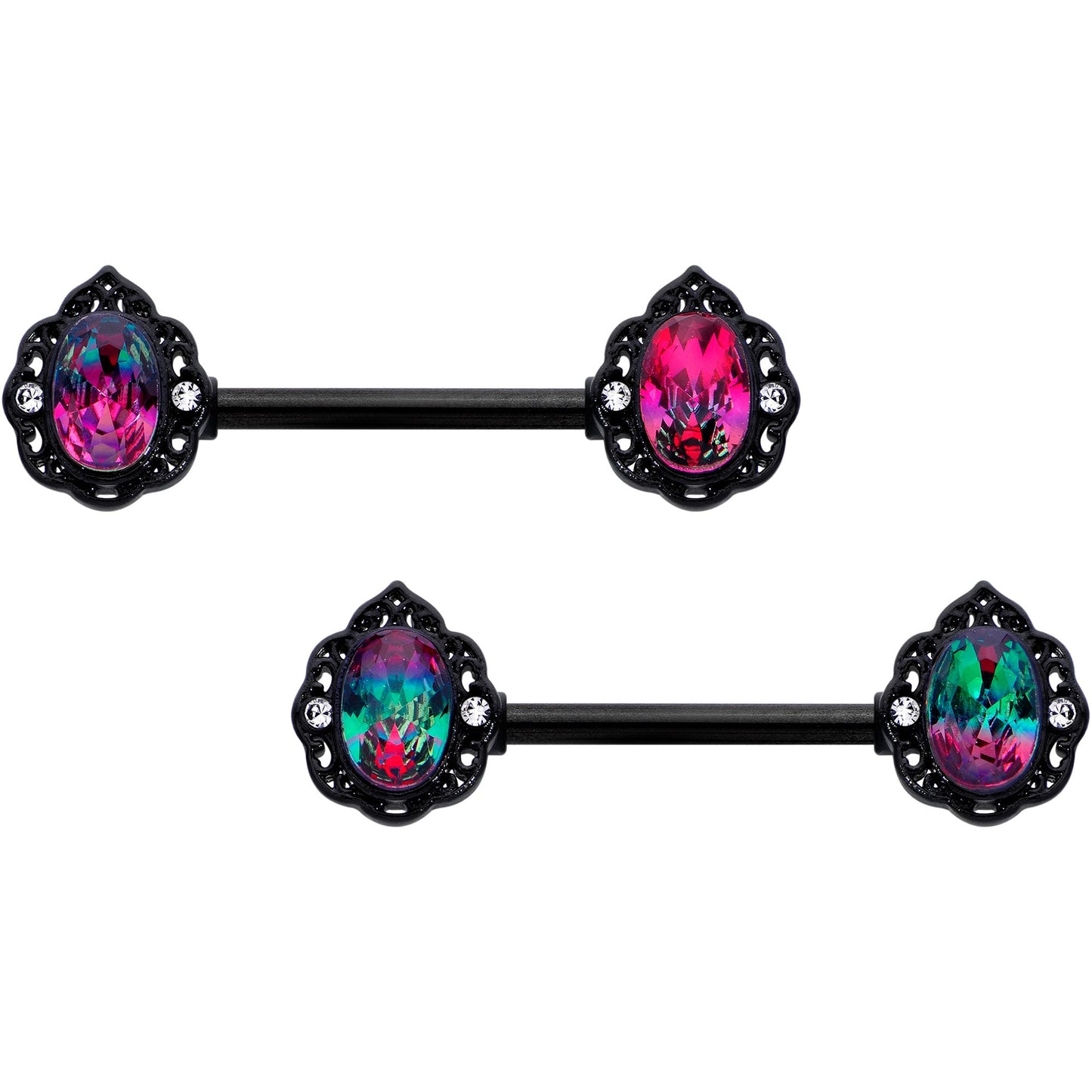 14G 9/16 Purple Tourmaline Black Lacy Drop Barbell Nipple Ring Set