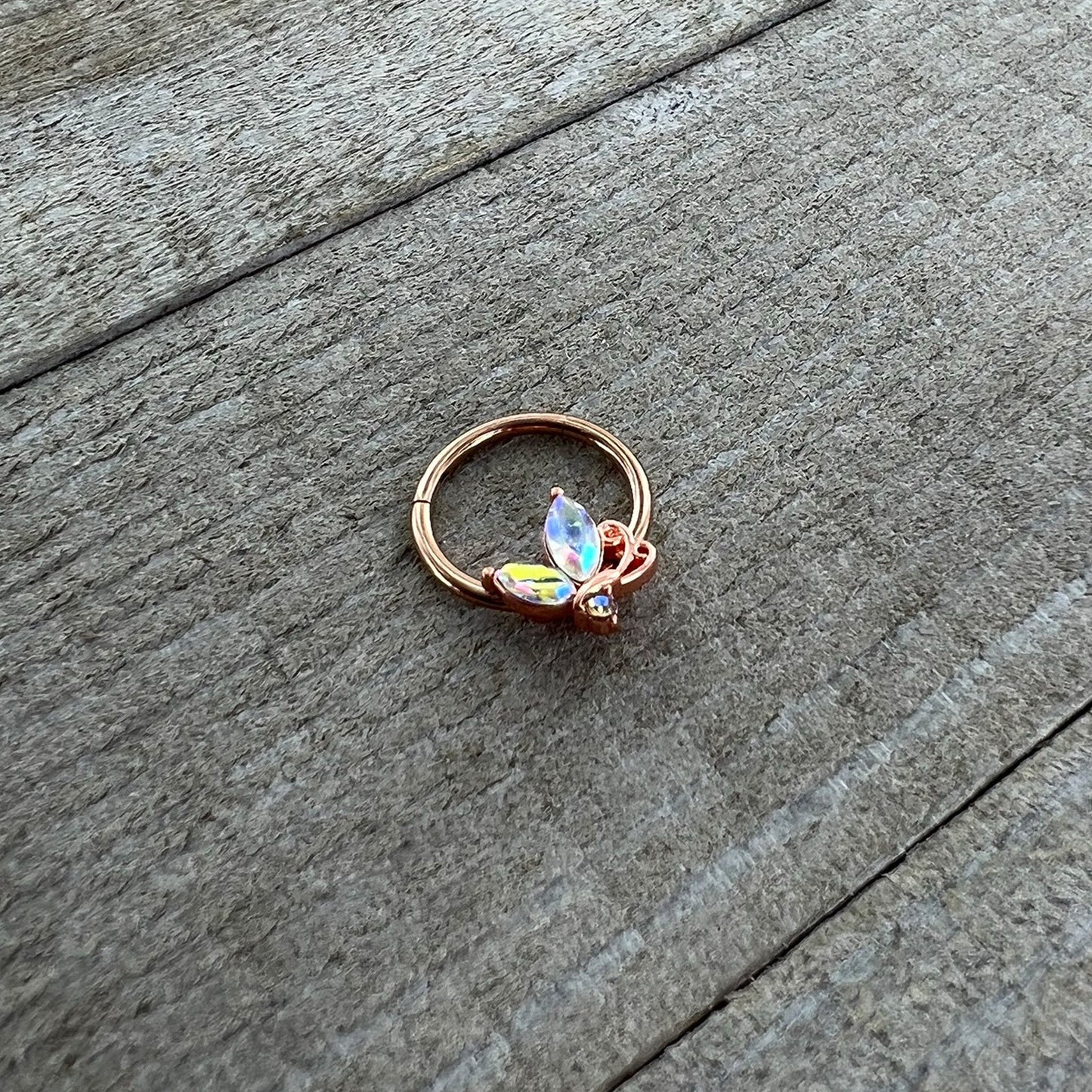 16G 3/8 Aurora CZ Gem Rosy Tone Fleur de Lis Butterfly Hinged Segment Ring
